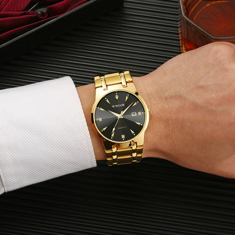 Fashion Wwoor Diamond Men Watch Top Brand Luxury Gold Black Steel Quartz Wristwatch Waterproof Automatic Date Relogio Masculino