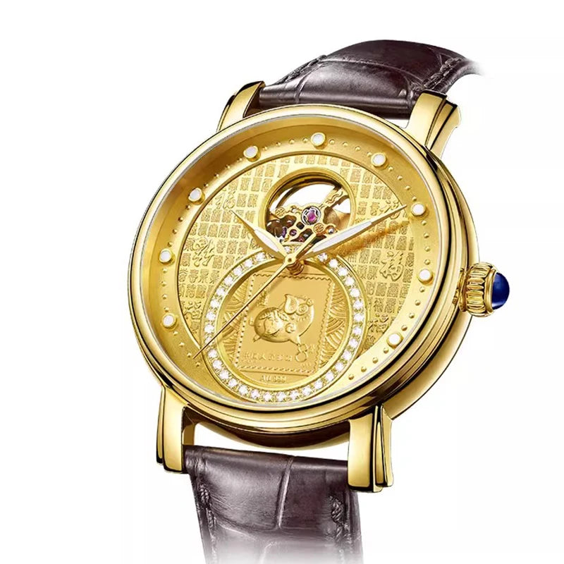 BROJET China Post Zodiac Stamp Dragon Year Men's Gold Watch Chinese Emperor Calligraphy Hundred Blessings Sapphire Machinery