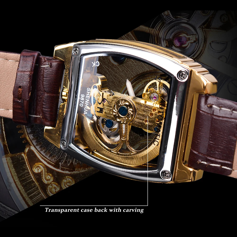 SHENHUA Transparent Royal Luxury Waterproof Automatic Mechanical Watch Leather Band Skeleton Tourbillion Gold Luminous Clock