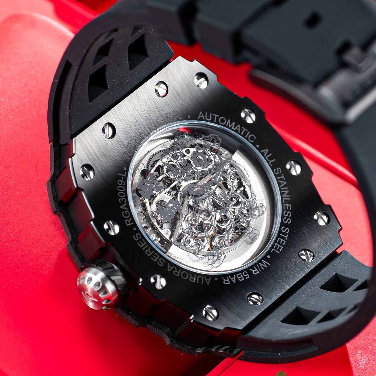 REEF TIGER Lion Dance Design Men’s Automatic Watch Tonneau Super Lumious Red Rubber Band Waterproof Mechanical Watches RGA3009-L