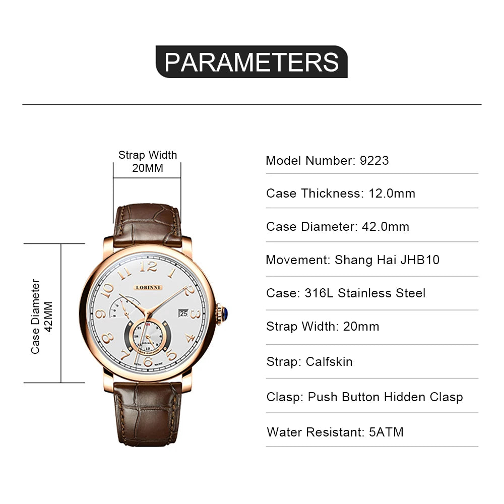 Lobinni Men Luxury Watch 40MM Fashion Automatic Mechanical Wristwatch 50M Waterproof Sapphire Leather Strap Butterfly Clasp