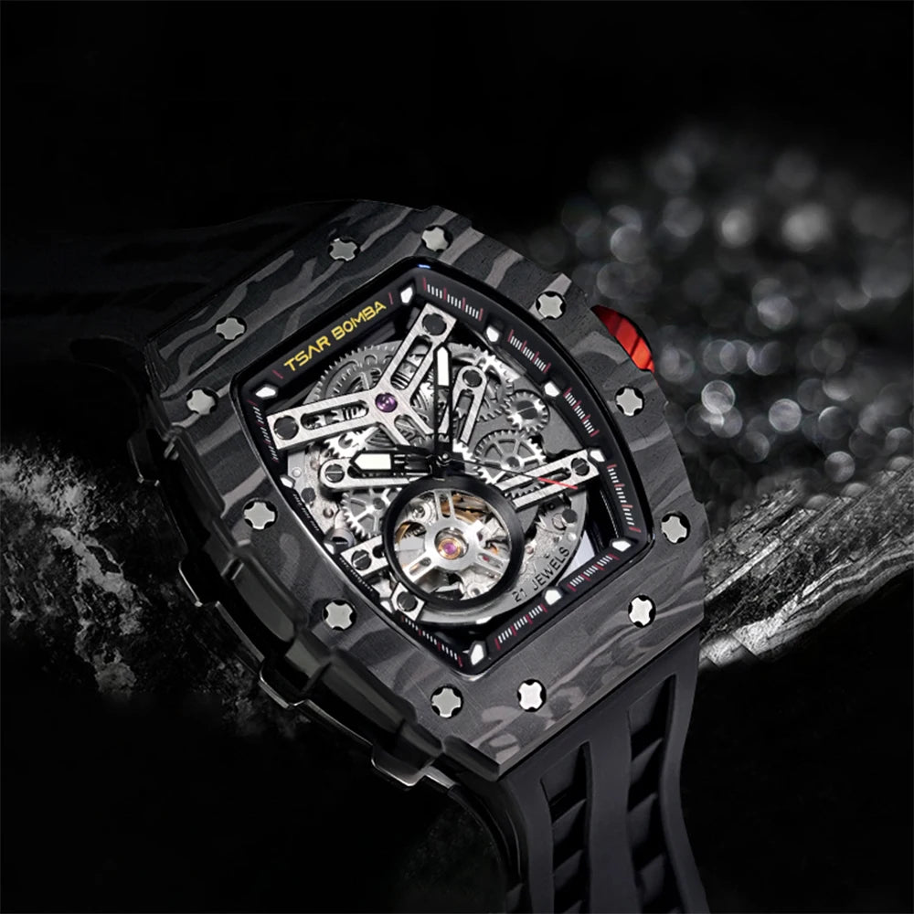 TSAR BOMBA Carbon Fiber Mechanical Watch for Men Waterproof Skeleton Mens Watches Top Brand Luxury Automatic Wristwatches