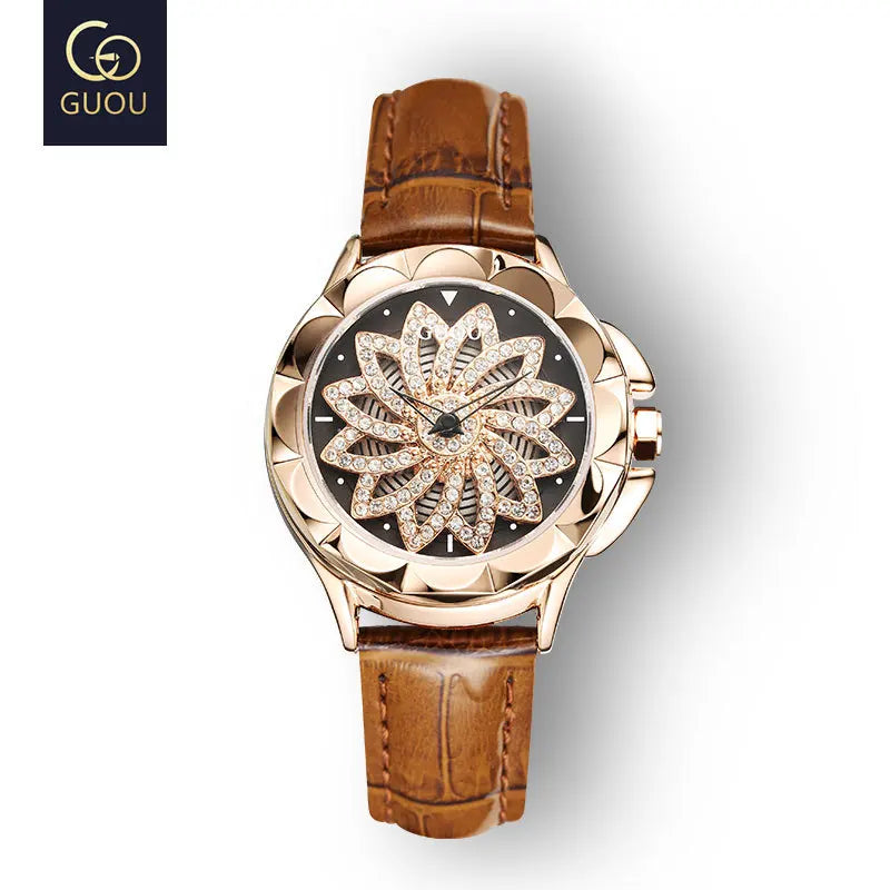 Fashion Guou Women's Rotating Dial Luxury Diamonds Rhinestone Starry Clock Rose Gold Ladies Genuine Leather & Full Steel Watches