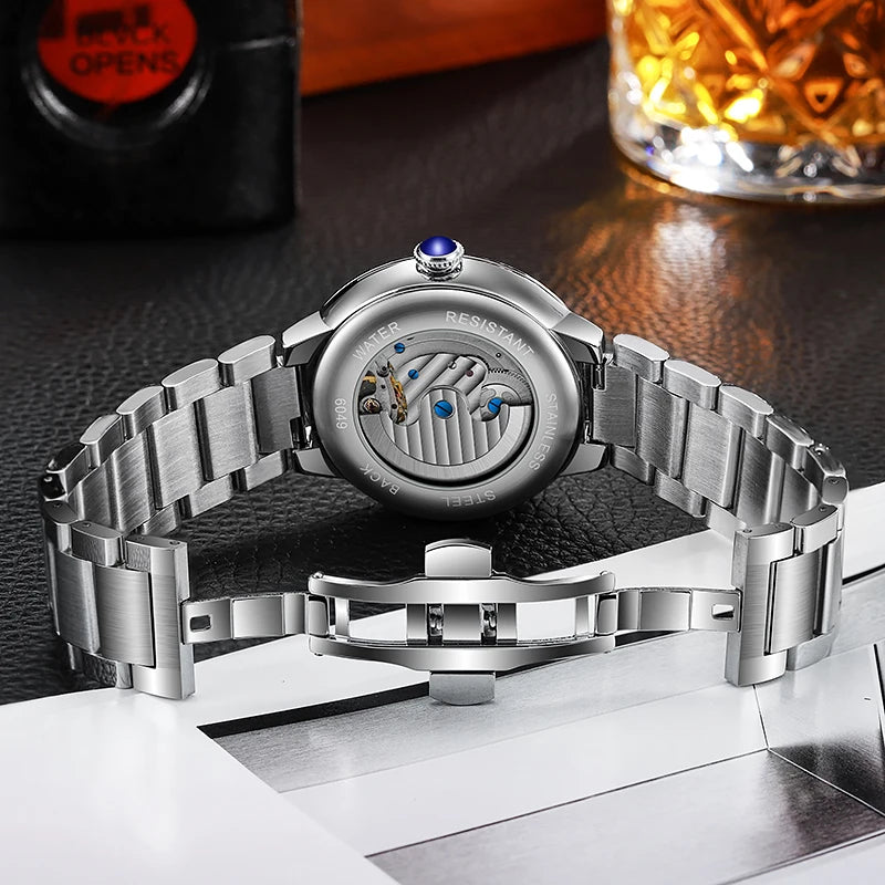 BOLYTE New Fashin Men's Automatic Watch Skeleton Starry Sky Moon Phase Luminous Waterproof Stainless Steel Mechanical Wristwatch