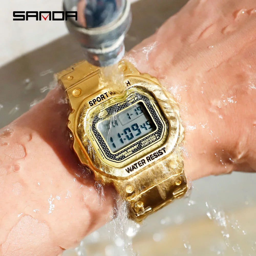 Fashion Sanda Top Brand Military Sport Men Clock 50m Waterproof Square Watches Full Stainless Steel Strap Digital Reloj Hombre