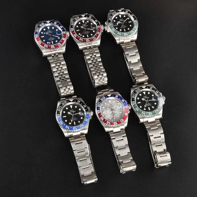 Multiple Time Zone 40mm Watch For Men Custom S Logo NH34 Movement Blue BGW9 Luminous Waterproof Automatic Meteorite Wristwatches