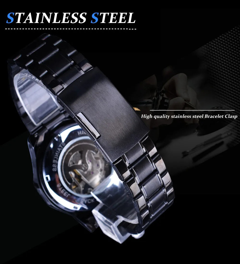 Fashion Winner Top Brand Men's Casual Hollow Mechanical Movement Automatic Mechanical Full Black Stainless Steel Wrist Watches