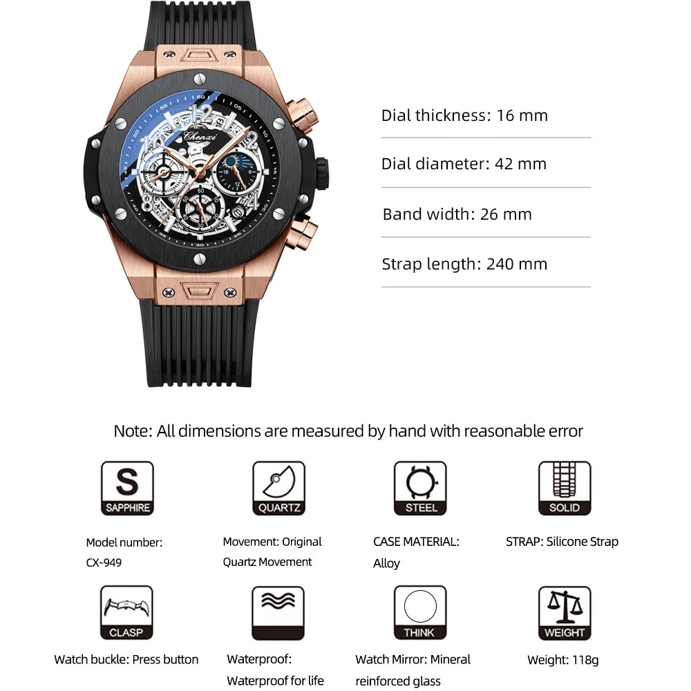 Fashion Top Brand Chenxi Mens Watches Waterproof Luminous Sport Chronograph Luxury Men Date Quartz Watch Big Dial Wristwatch
