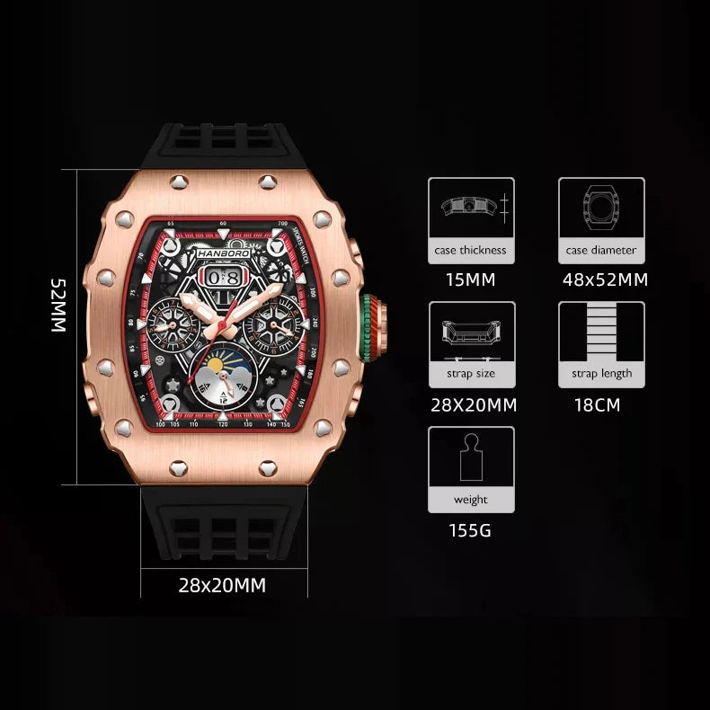 HANBORO Men Automatic Watch Luxury Mechanical Wristwatch Luminous Tonneau Case Waterproof Rubber Strap Multi-Functions Dial