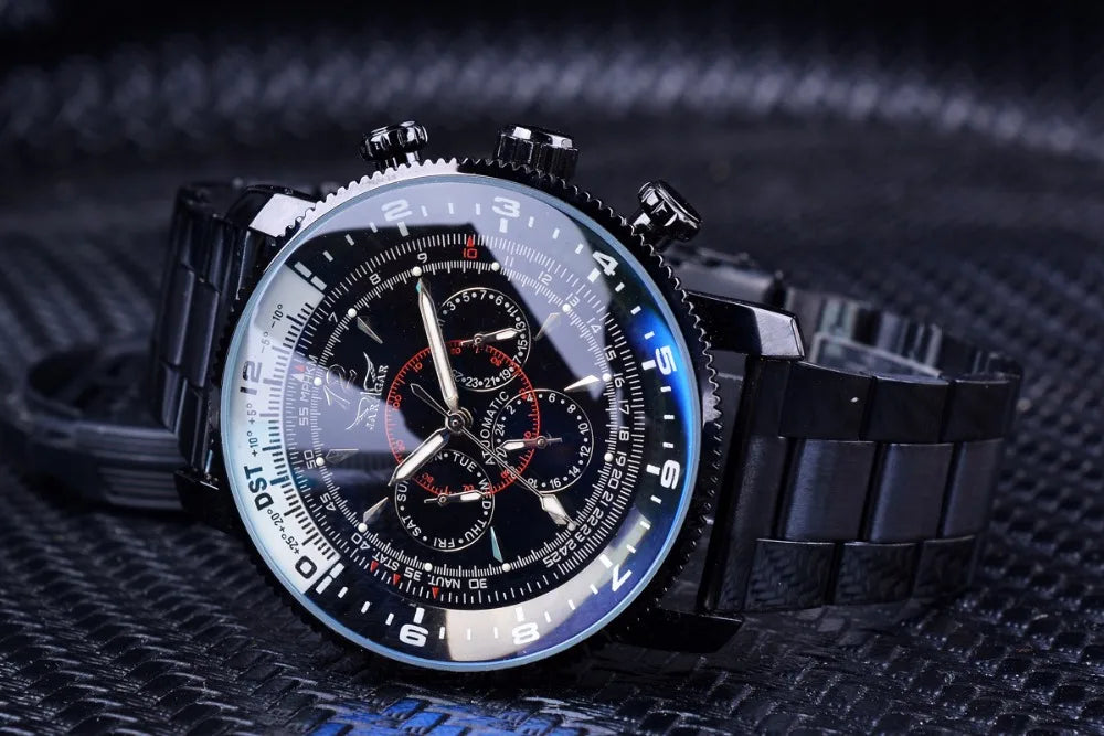 Fashion Jaragar Top Brand Hot Selling Blue Glass Casual Full Stainless Steel & Silicone Automatic Mechanical Men's 3 Eyes Watch