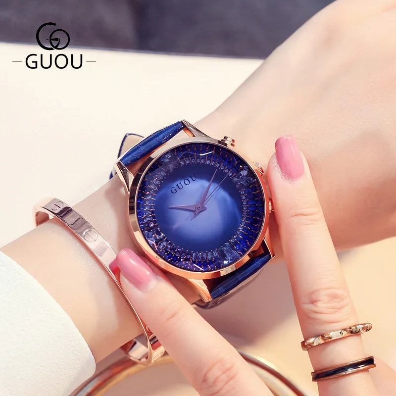 Fashion Guou Hk Top Brand Womens Watches Luxury Big Dial Quartz Genuine Leather Strap Waterproof Casual Gift Clock Reloj Hombr