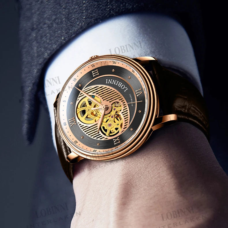 LOBINNI Mens Automatic Watches Luxury Watch For Men Mechanical Wristwatch Waterproof Skeleton Sapphire Leather Strap Fashion