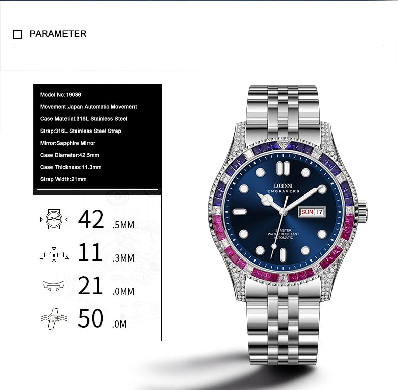 LOBINNI Men Automatic Watch 42.5mm Luxury Mechanical Wristwatch Sapphire Luminous Dual Calendar Week Date Diamond Bezel