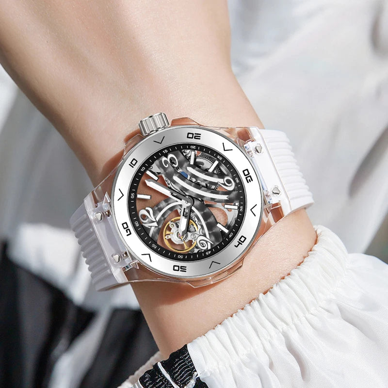 HANBORO Men Luxury Watch Automatic Mechanical Wristwatch Waterproof Luminous Skeleton Acrylic Case Carbon Fibre / Ceramic Bezel