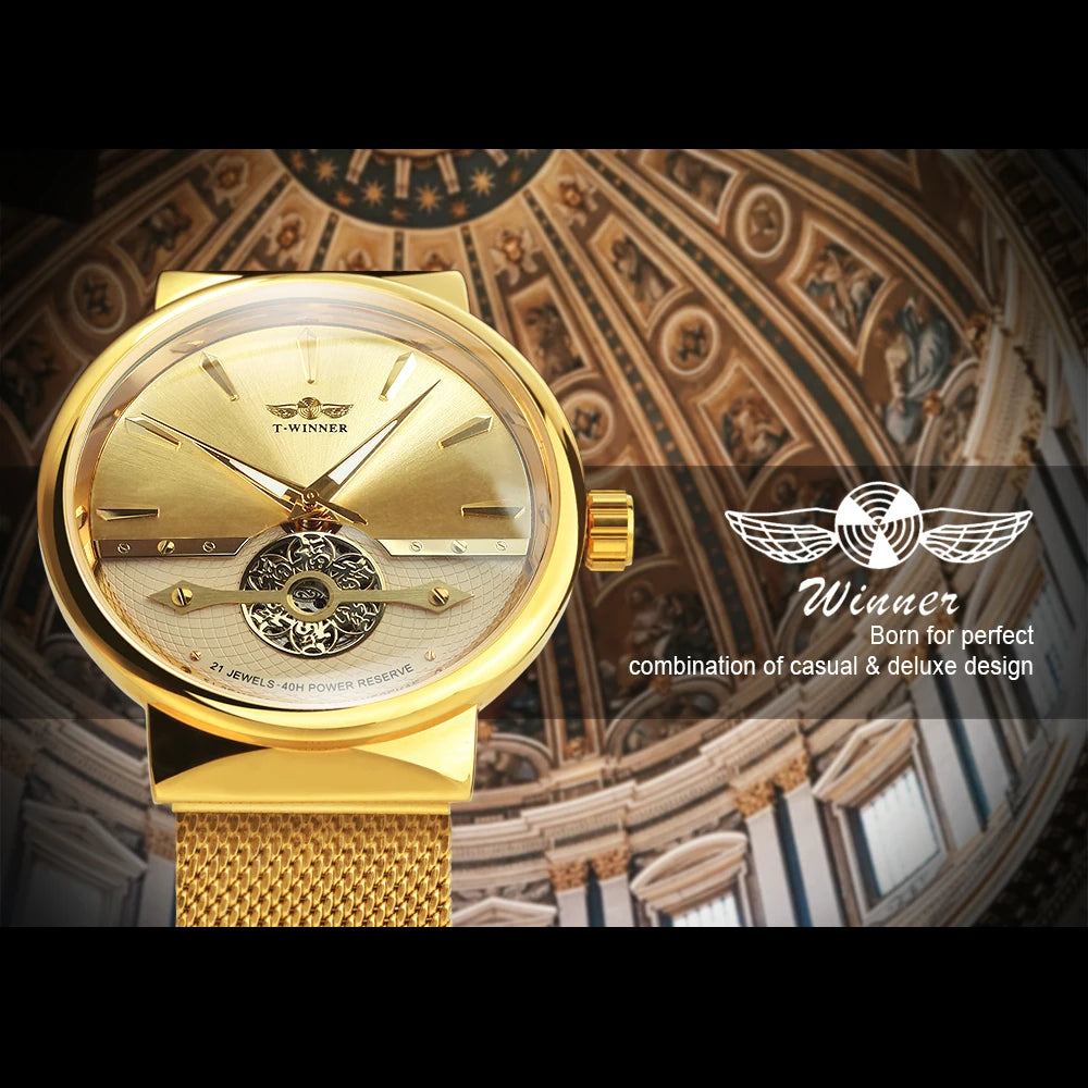 Fashion WINNER Mens Luminous Hands Engraved Movement Minimalist Tourbillon Automatic Mechanical Watches Mesh Steel Watch