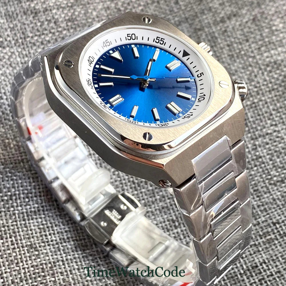 Tandorio Automatic Men‘s Watch 42mm NH35 Movement Square Case Sapphire Glass Blue Dial Rotating Chapter Ring Screw Down Crown