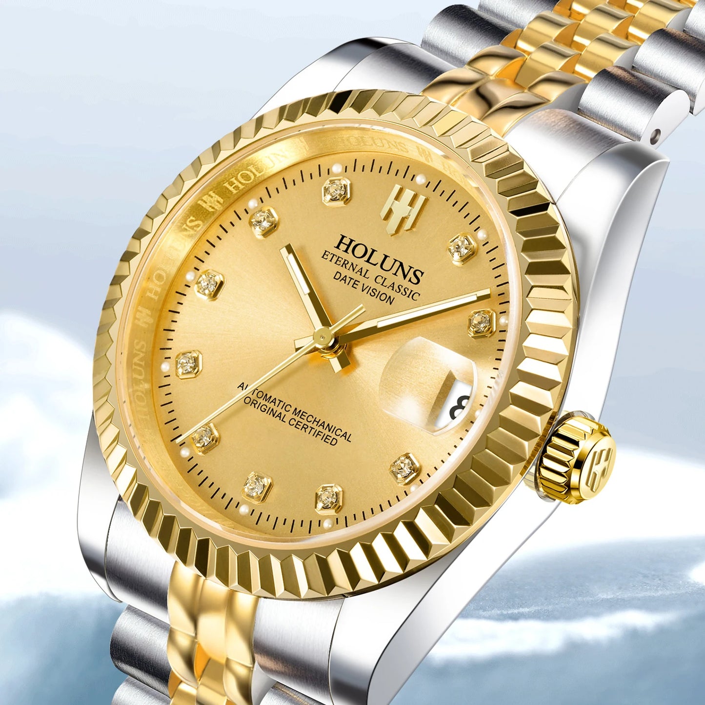 Holuns 2024 New Luxury Stainless Steel Automatic Watch For Men Gold Classic Role Mechanical Wristwatches Sapphire Waterproof
