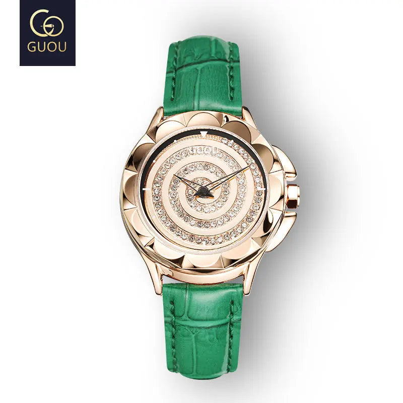 Fashion Guou Women's Rotating Dial Luxury Diamonds Rhinestone Starry Clock Rose Gold Ladies Genuine Leather & Full Steel Watches