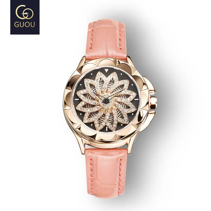 Fashion Guou Women's Rotating Dial Luxury Diamonds Rhinestone Starry Clock Rose Gold Ladies Genuine Leather & Full Steel Watches
