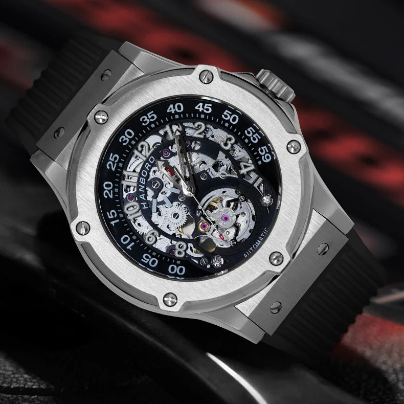 HANBORO Men Luxury Watch 43mm Automatic Watches Fashion Mechanical Wristwatch Waterproof Luminous Rubber Strap Hollow out Dial