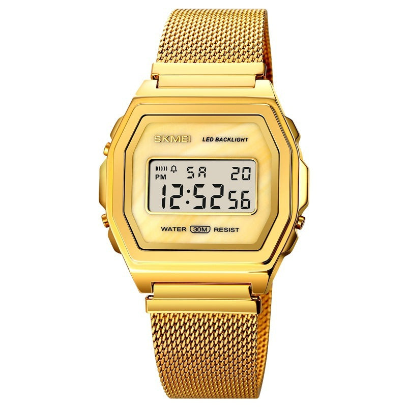 Reloj electrónico de acero inoxidable resistente al agua con personalidad y tendencia multifunción a la moda para estudiantes