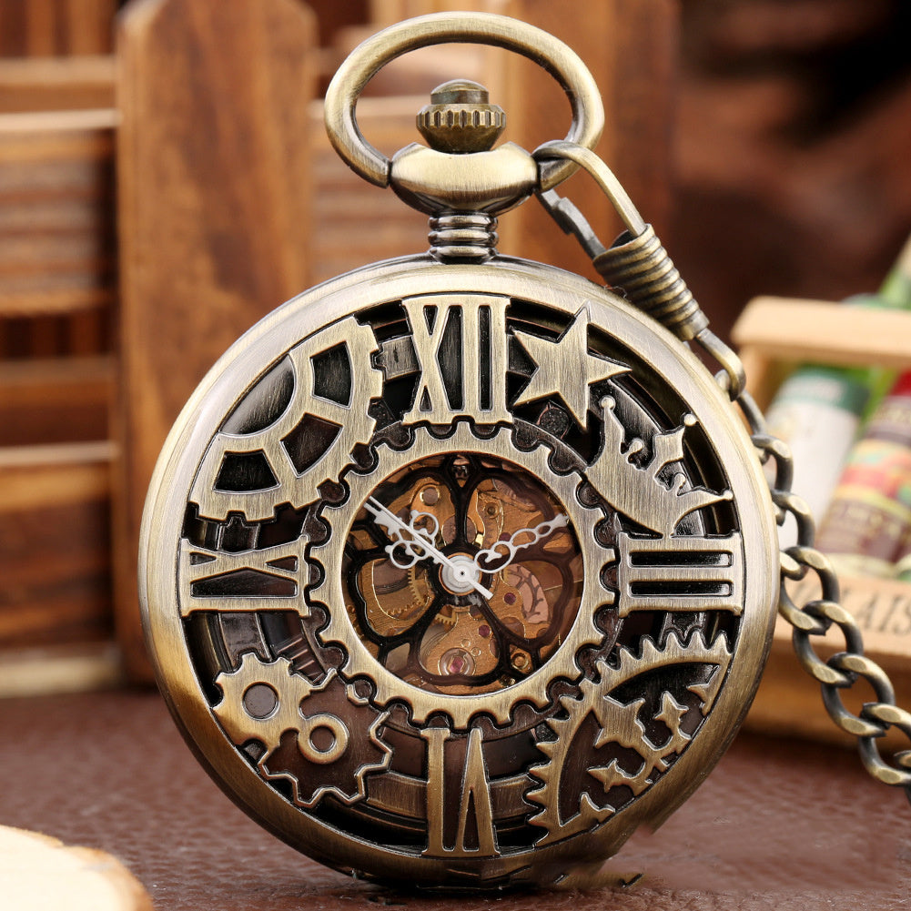 Nuevo reloj de bolsillo retro con forma de mariposa y collar hueco de cobre rojo con engranajes huecos y esfera romana