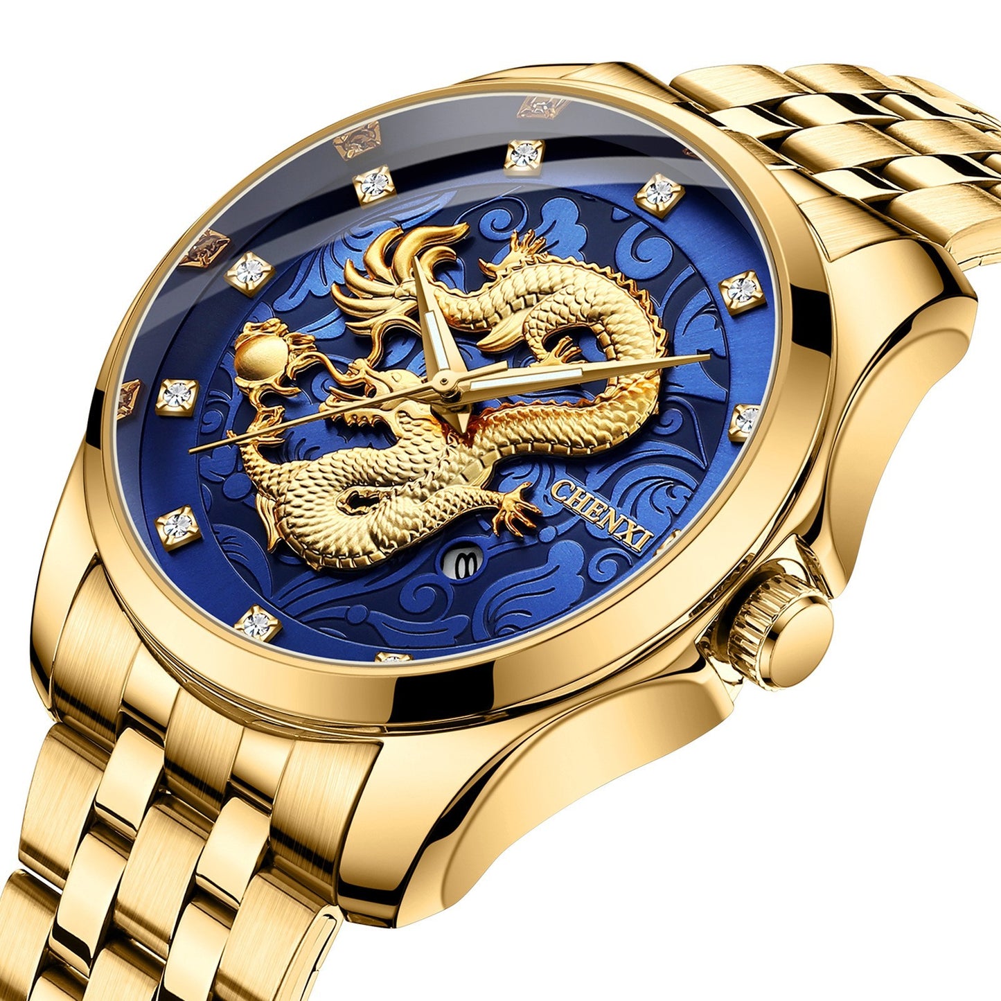 Reloj de hombre resistente al agua con calendario en relieve de tótem de dragón Reloj de estilo chino Dawn Correa de acero Transfronterizo Caliente
