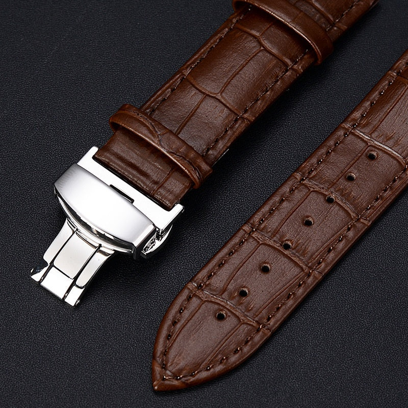 Correa de reloj de piel de vaca con diseño de bambú y cierre de mariposa