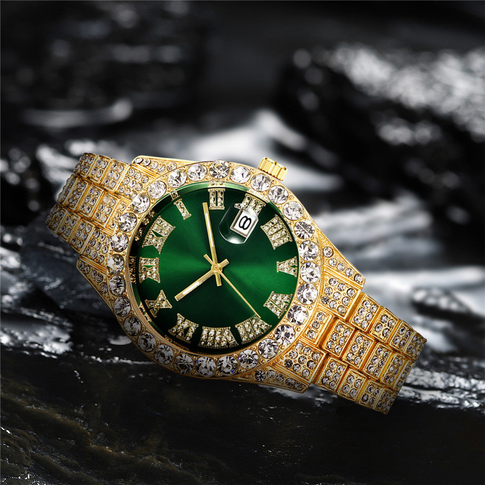 Reloj de cuarzo con diamantes y escala romana estilo hip hop con cinturón de acero para hombre