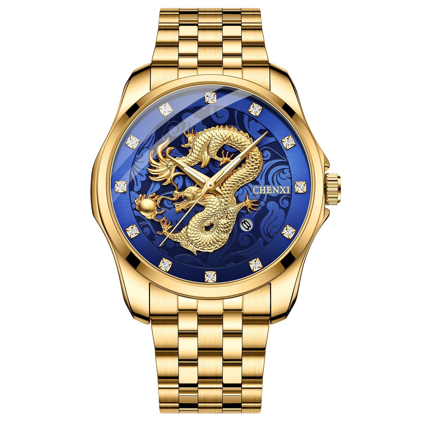 Reloj de hombre resistente al agua con calendario en relieve de tótem de dragón Reloj de estilo chino Dawn Correa de acero Transfronterizo Caliente