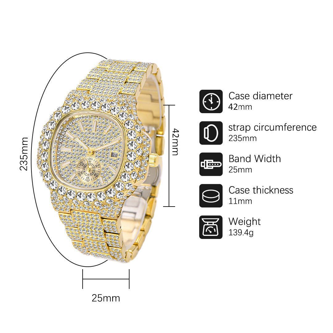 Reloj de oro para hombre, de cuarzo, luminoso, resistente al agua, con calendario de hip hop y diamantes completos