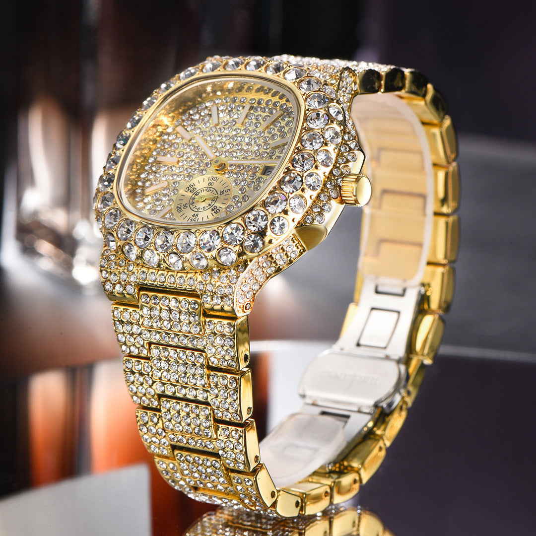 Reloj de oro para hombre, de cuarzo, luminoso, resistente al agua, con calendario de hip hop y diamantes completos