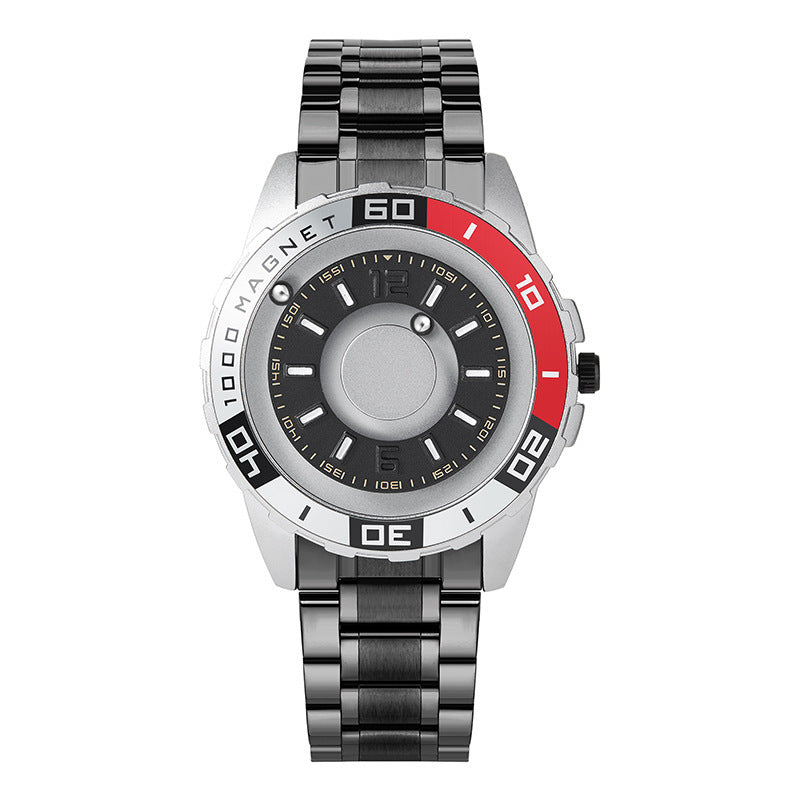 Reloj magnético de metal con tecnología negra.