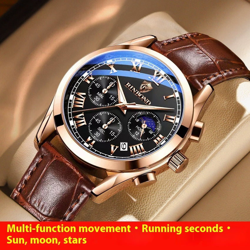Reloj deportivo multifuncional con tres ojos y seis agujas, resistente al agua y luminoso para hombre