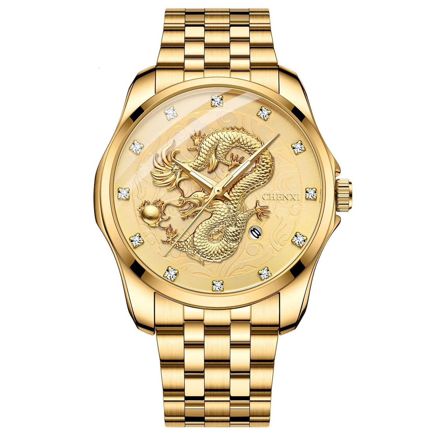 Reloj de hombre resistente al agua con calendario en relieve de tótem de dragón Reloj de estilo chino Dawn Correa de acero Transfronterizo Caliente