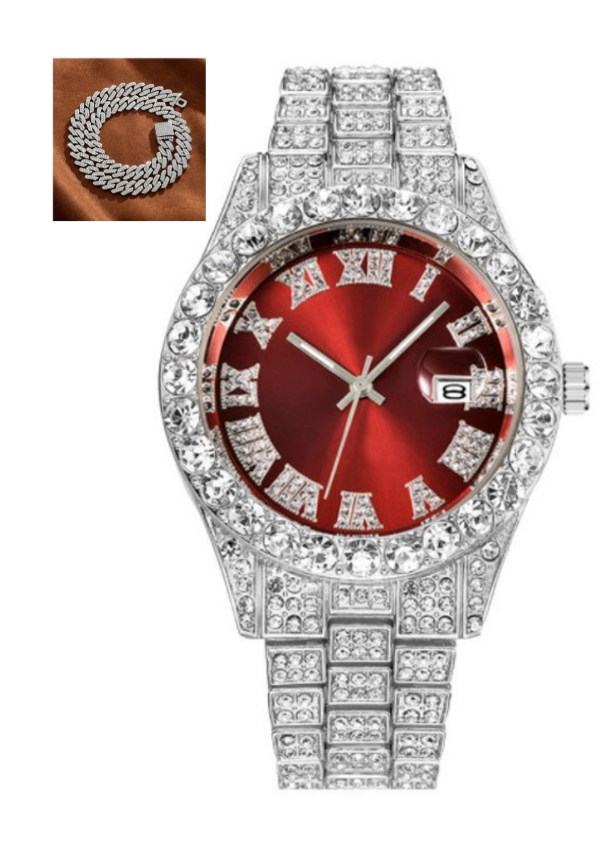 Reloj de cuarzo con diamantes y escala romana estilo hip hop con cinturón de acero para hombre