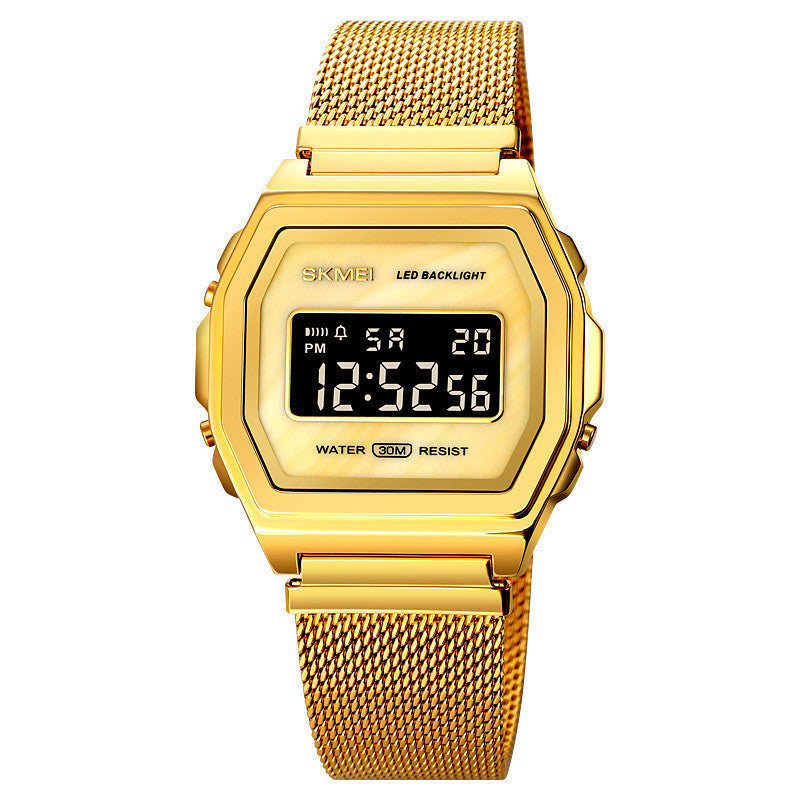 Reloj electrónico de acero inoxidable resistente al agua con personalidad y tendencia multifunción a la moda para estudiantes