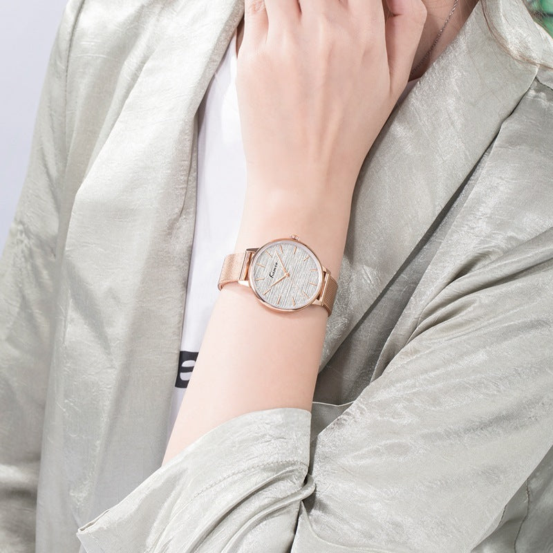 Reloj de moda con correa de malla para mujer con purpurina de color degradado de arcoíris