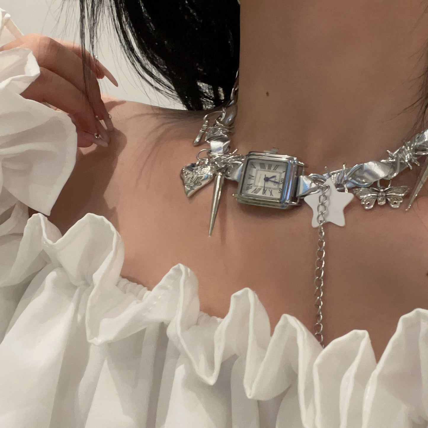 ニッチ シルバー レザー パッチワーク ウォッチ ペンダント ネックレス