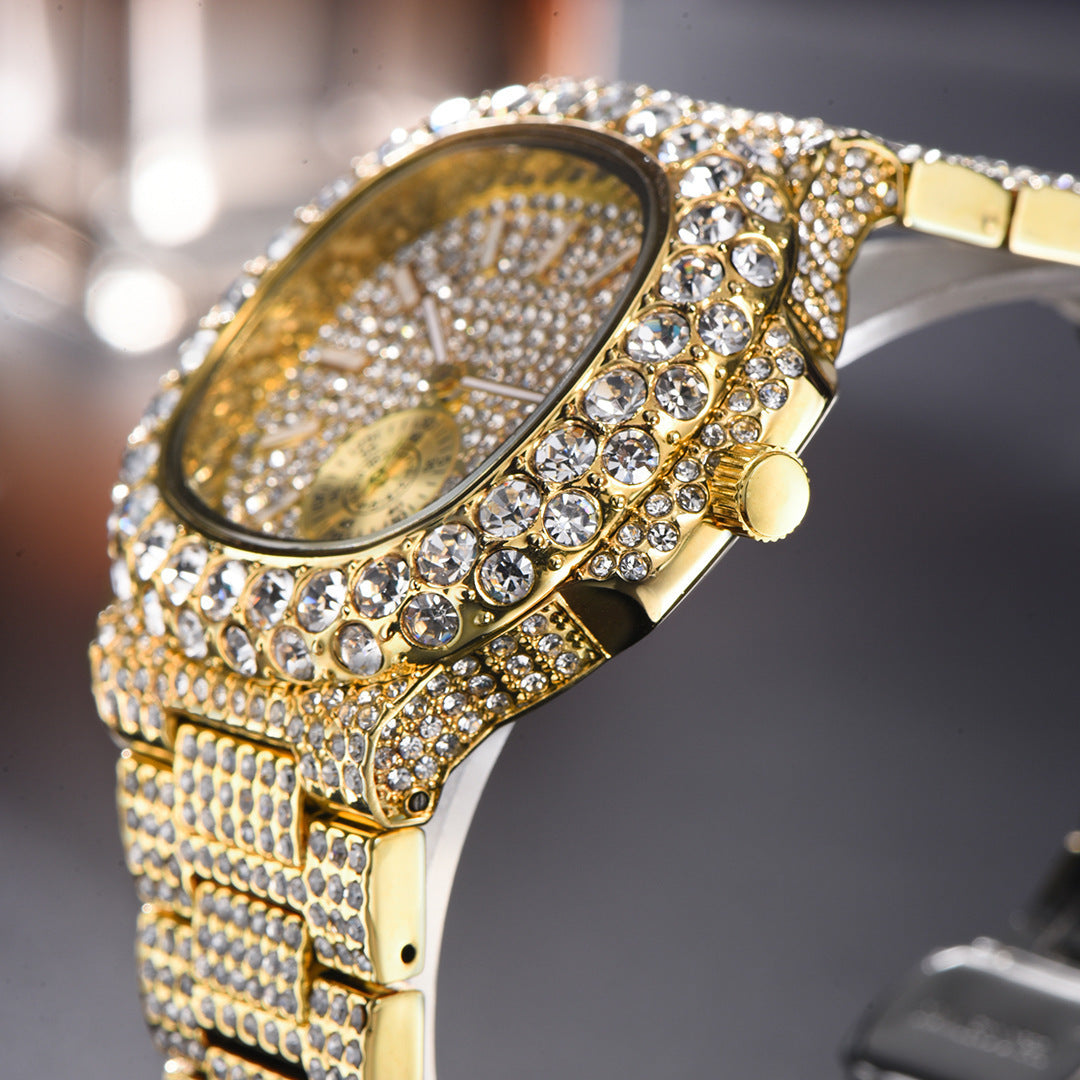 Reloj de oro para hombre, de cuarzo, luminoso, resistente al agua, con calendario de hip hop y diamantes completos