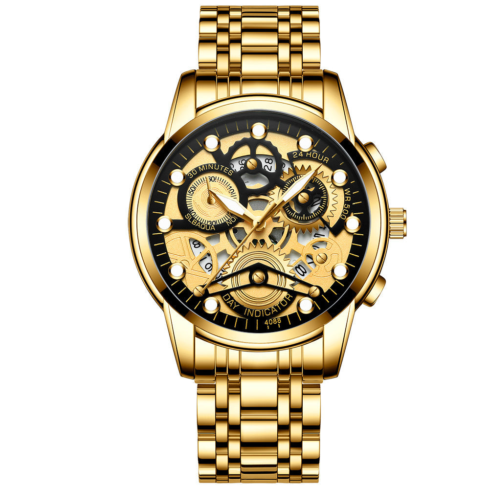 Reloj negro para hombre, reloj de cuarzo de moda hueco