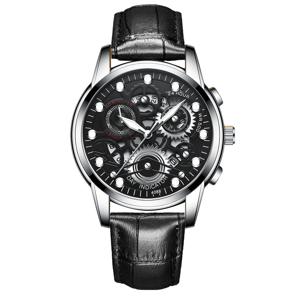 Reloj negro para hombre, reloj de cuarzo de moda hueco