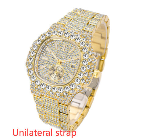 Reloj de oro para hombre, de cuarzo, luminoso, resistente al agua, con calendario de hip hop y diamantes completos