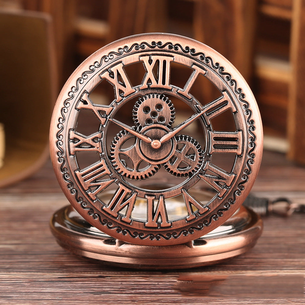 Nuevo reloj de bolsillo retro con forma de mariposa y collar hueco de cobre rojo con engranajes huecos y esfera romana