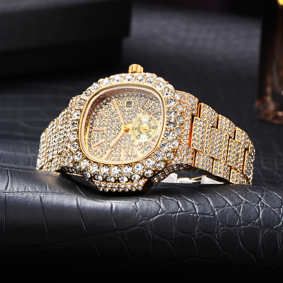 Reloj de oro para hombre, de cuarzo, luminoso, resistente al agua, con calendario de hip hop y diamantes completos