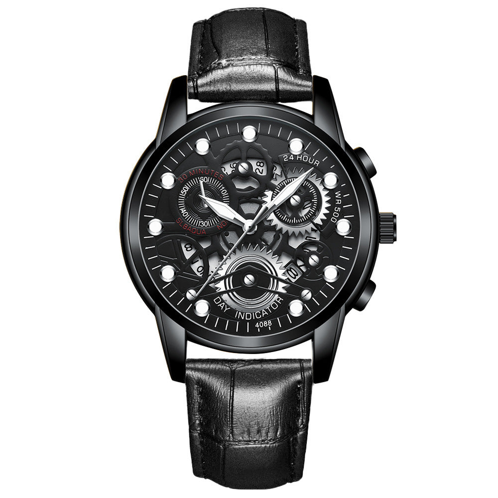 Reloj negro para hombre, reloj de cuarzo de moda hueco