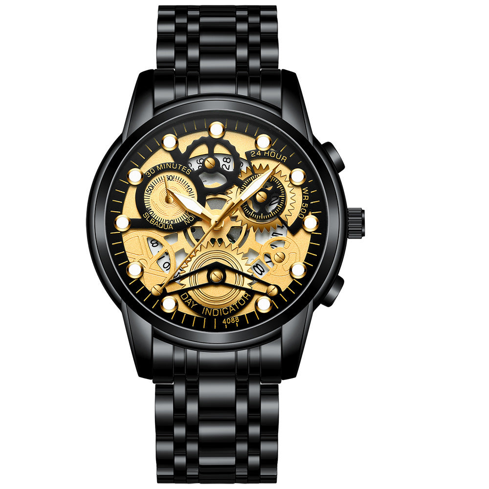 Reloj negro para hombre, reloj de cuarzo de moda hueco