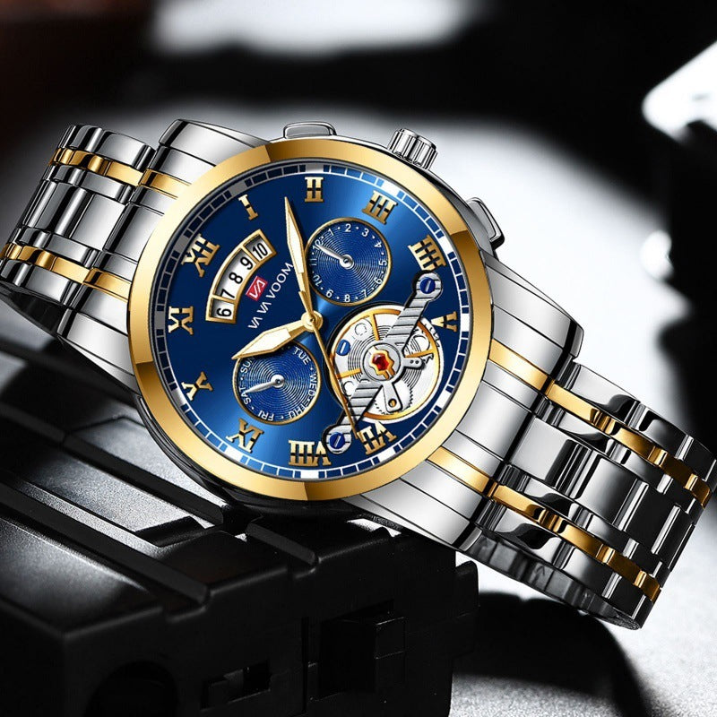 Reloj de cuarzo con tourbillon para hombre en acero inoxidable