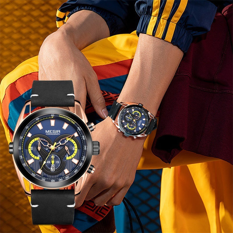 Watch Men's Trendy Blue Chronograph Watch Sports Quartz Watch
