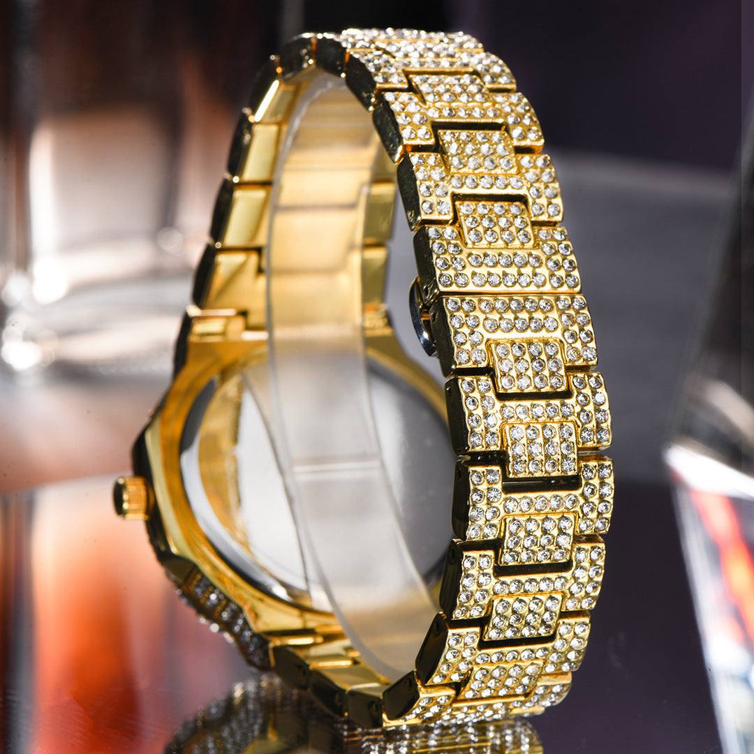 Reloj de oro para hombre, de cuarzo, luminoso, resistente al agua, con calendario de hip hop y diamantes completos